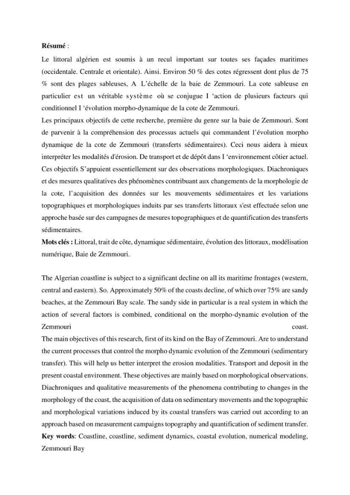 Processus mis en jeu dans l\'évolution morpho-dynamique de la baie de Zemmouri