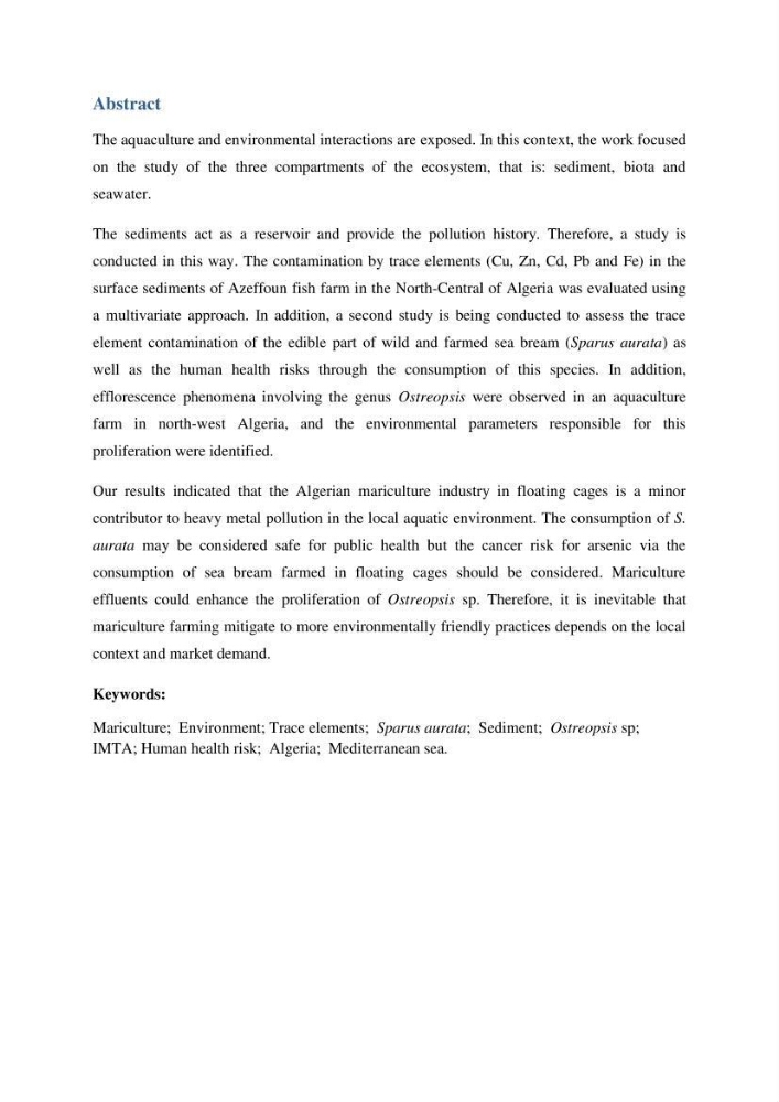 Les interactions environnement -aqaculture : interaction environnementales et optimisation des systemes de production piscicole marine