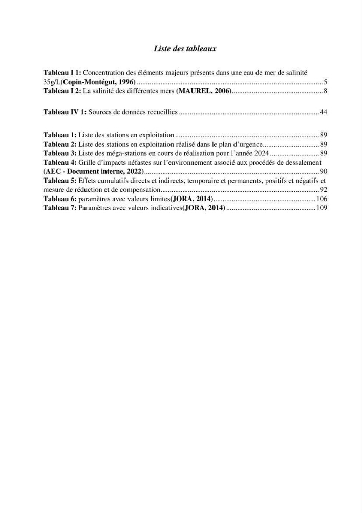 Identification des paramètres des eaux brutes et des eaux produites, et suivi des rejets de saumures issus de la station de dessalement EL MARSA