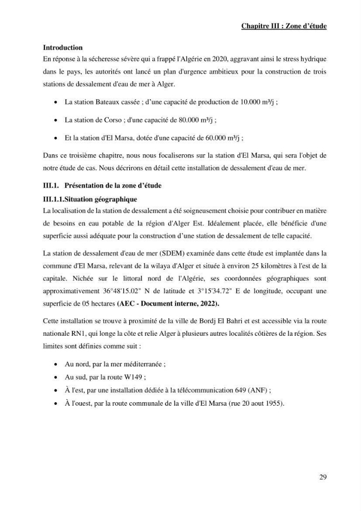 Identification des paramètres des eaux brutes et des eaux produites, et suivi des rejets de saumures issus de la station de dessalement EL MARSA