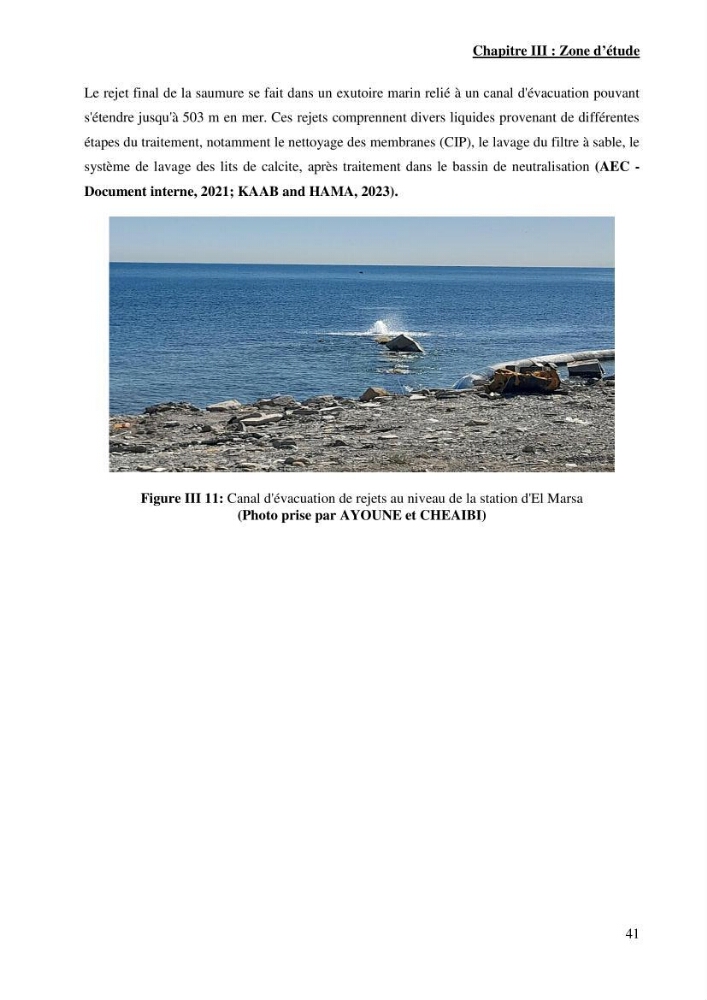 Identification des paramètres des eaux brutes et des eaux produites, et suivi des rejets de saumures issus de la station de dessalement EL MARSA