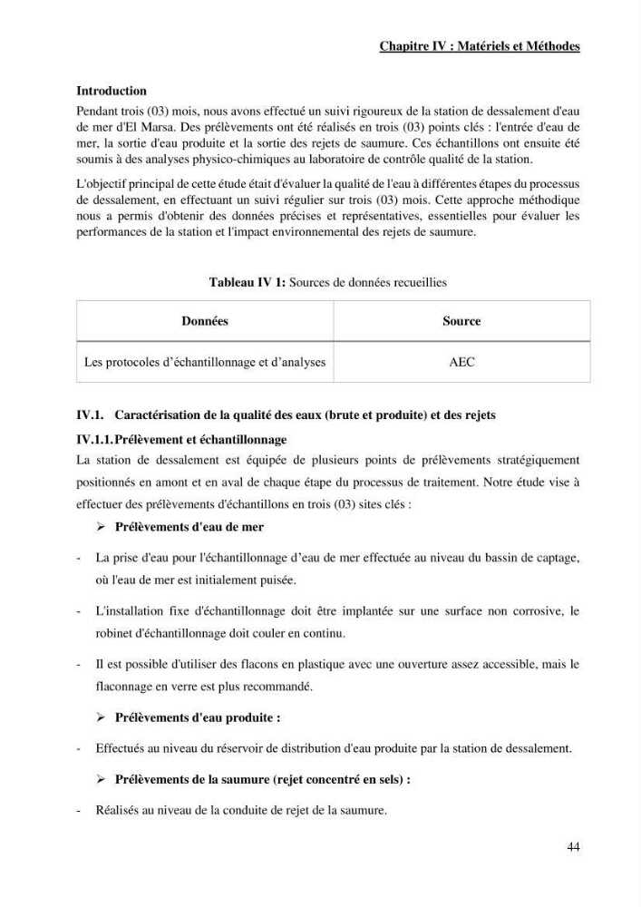 Identification des paramètres des eaux brutes et des eaux produites, et suivi des rejets de saumures issus de la station de dessalement EL MARSA