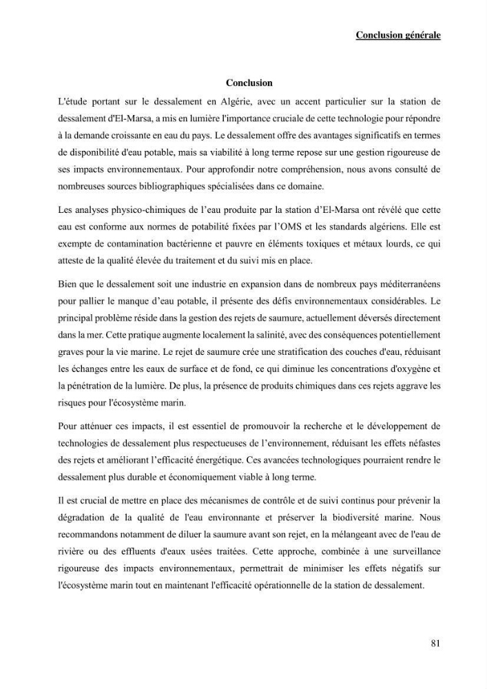 Identification des paramètres des eaux brutes et des eaux produites, et suivi des rejets de saumures issus de la station de dessalement EL MARSA