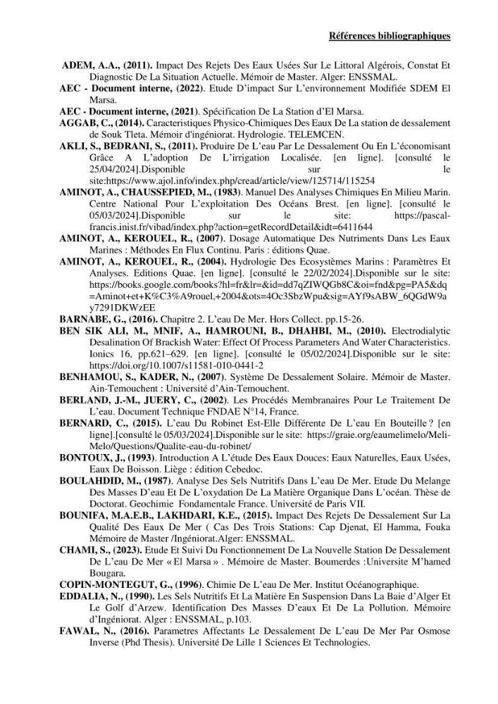 Identification des paramètres des eaux brutes et des eaux produites, et suivi des rejets de saumures issus de la station de dessalement EL MARSA