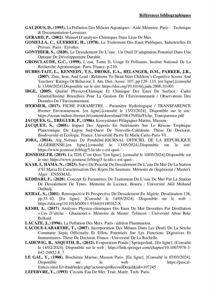 Identification des paramètres des eaux brutes et des eaux produites, et suivi des rejets de saumures issus de la station de dessalement EL MARSA