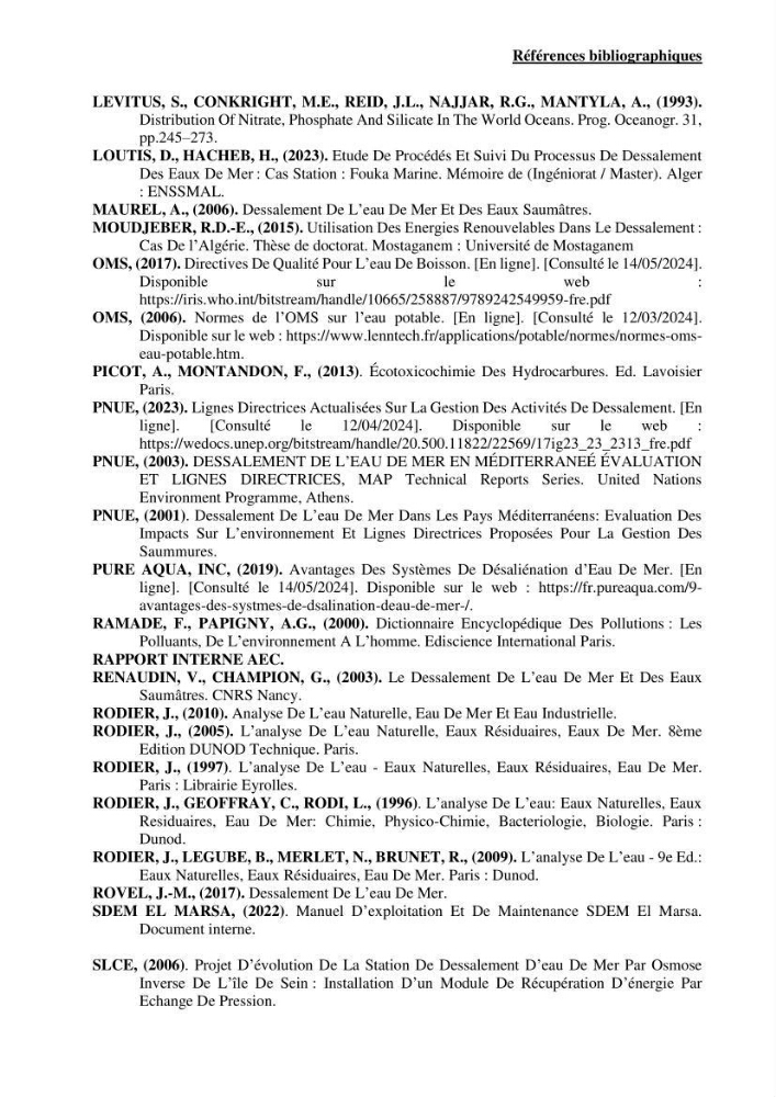 Identification des paramètres des eaux brutes et des eaux produites, et suivi des rejets de saumures issus de la station de dessalement EL MARSA