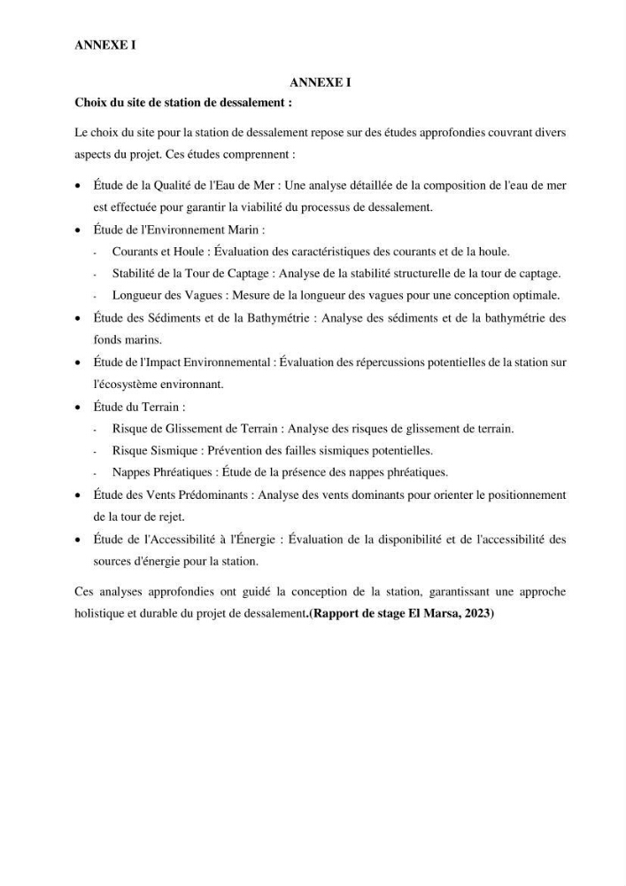 Identification des paramètres des eaux brutes et des eaux produites, et suivi des rejets de saumures issus de la station de dessalement EL MARSA