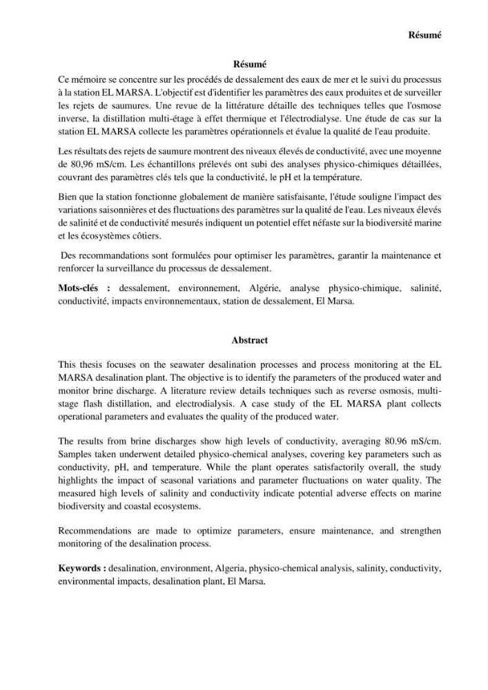 Identification des paramètres des eaux brutes et des eaux produites, et suivi des rejets de saumures issus de la station de dessalement EL MARSA