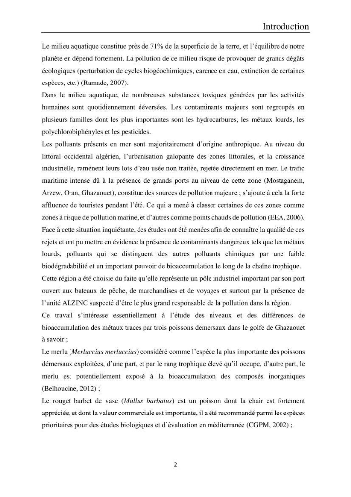 Etude de la bioaccumulation des métaux traces par trois poissons démersaux dans le golfe de Ghazaouet