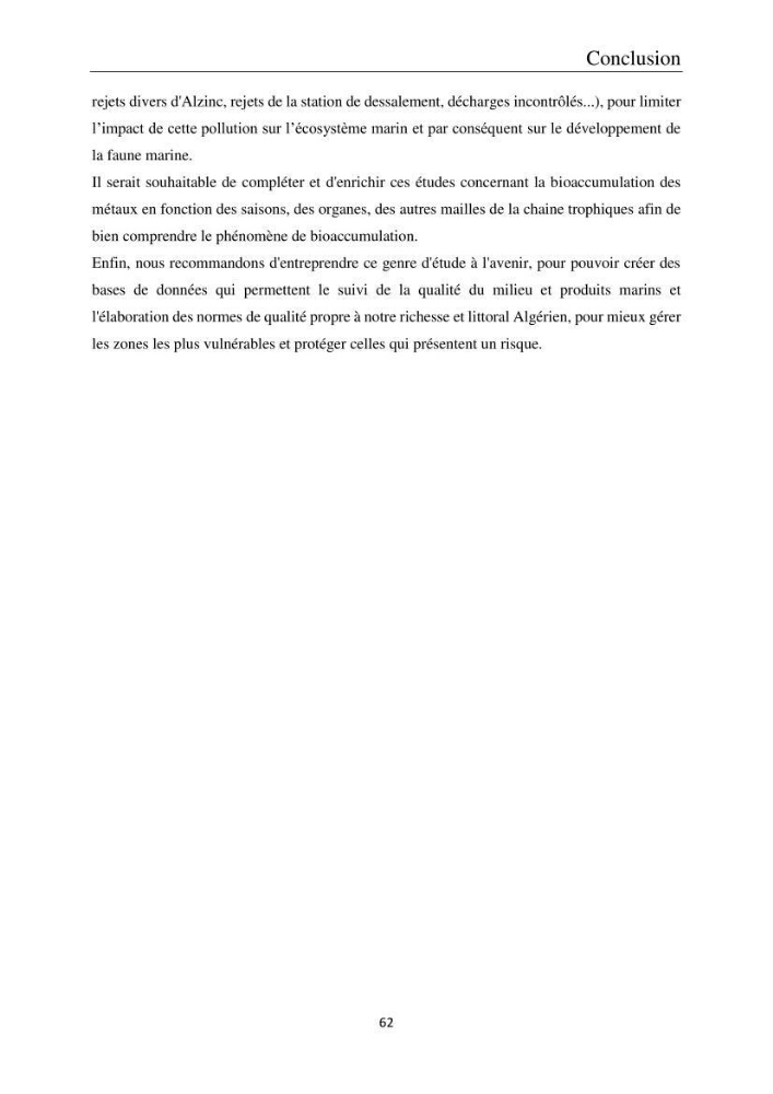 Etude de la bioaccumulation des métaux traces par trois poissons démersaux dans le golfe de Ghazaouet