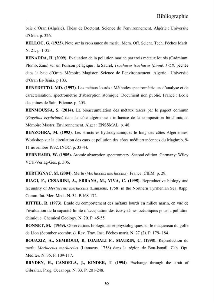 Etude de la bioaccumulation des métaux traces par trois poissons démersaux dans le golfe de Ghazaouet