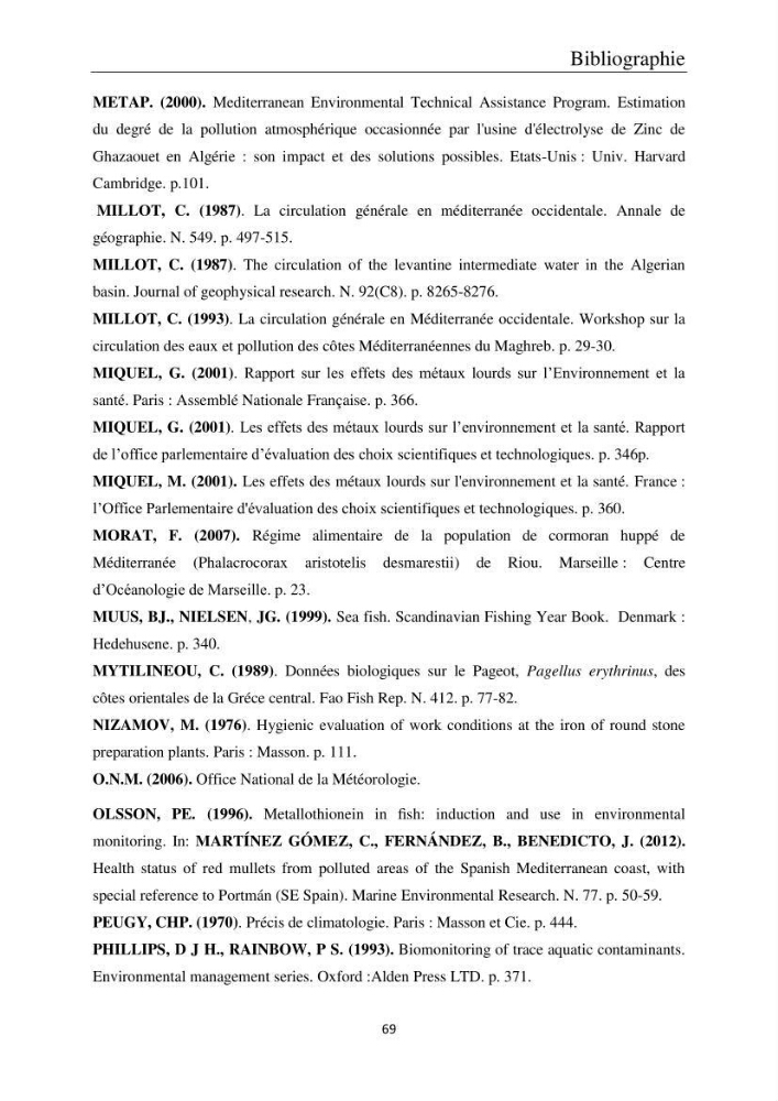 Etude de la bioaccumulation des métaux traces par trois poissons démersaux dans le golfe de Ghazaouet