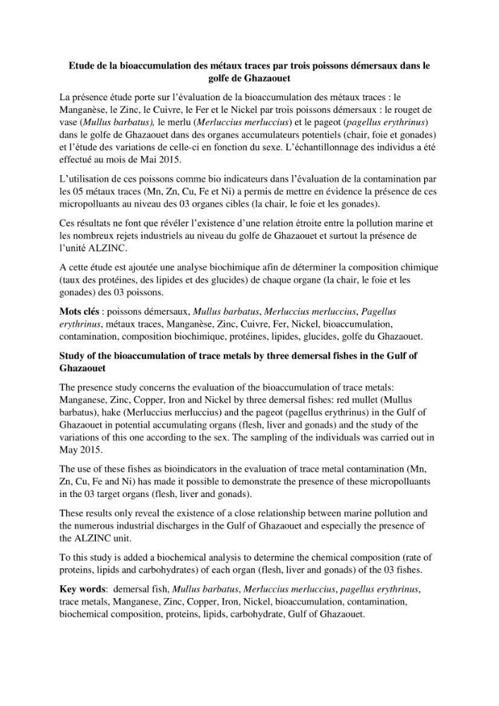 Etude de la bioaccumulation des métaux traces par trois poissons démersaux dans le golfe de Ghazaouet