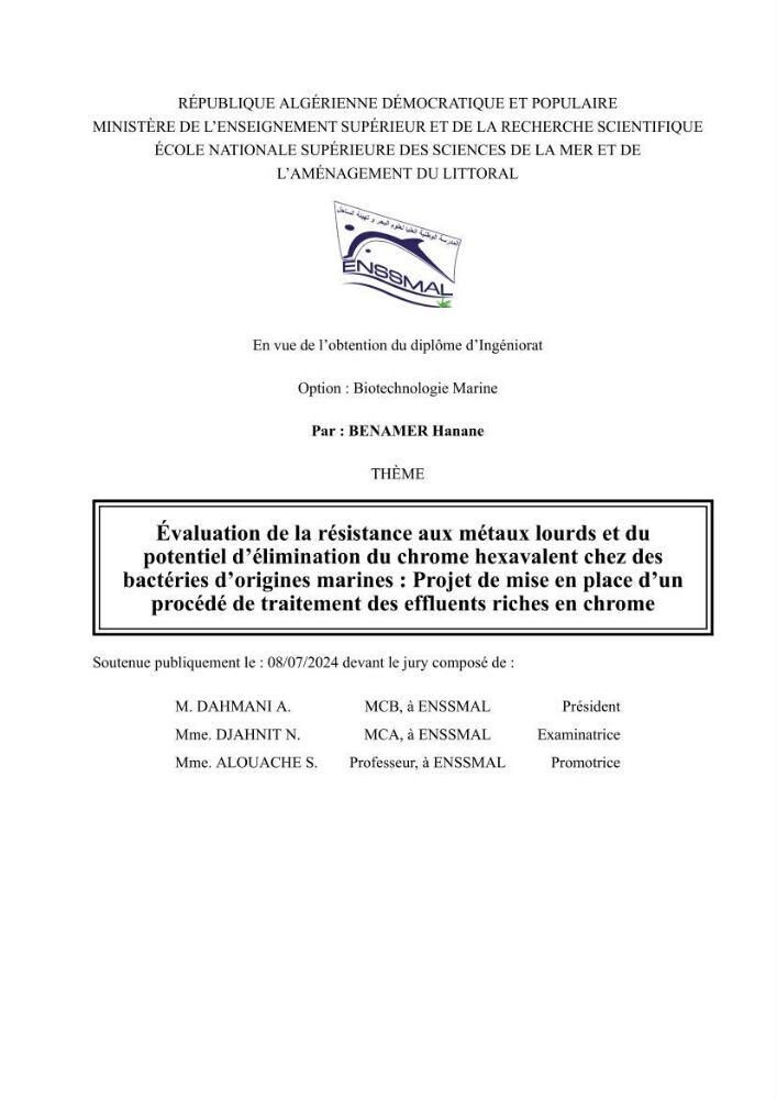 Evaluation de la résistance aux métaux lourds et du potentiel d’élimination du chrome hexavalent chez des bactéries d’origines marines Projet de mise en place d’un procédé de traitement des effluents riches en chrome.