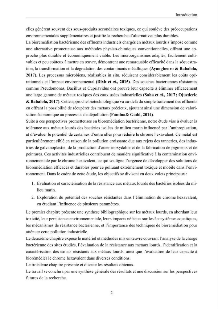 Evaluation de la résistance aux métaux lourds et du potentiel d’élimination du chrome hexavalent chez des bactéries d’origines marines Projet de mise en place d’un procédé de traitement des effluents riches en chrome.