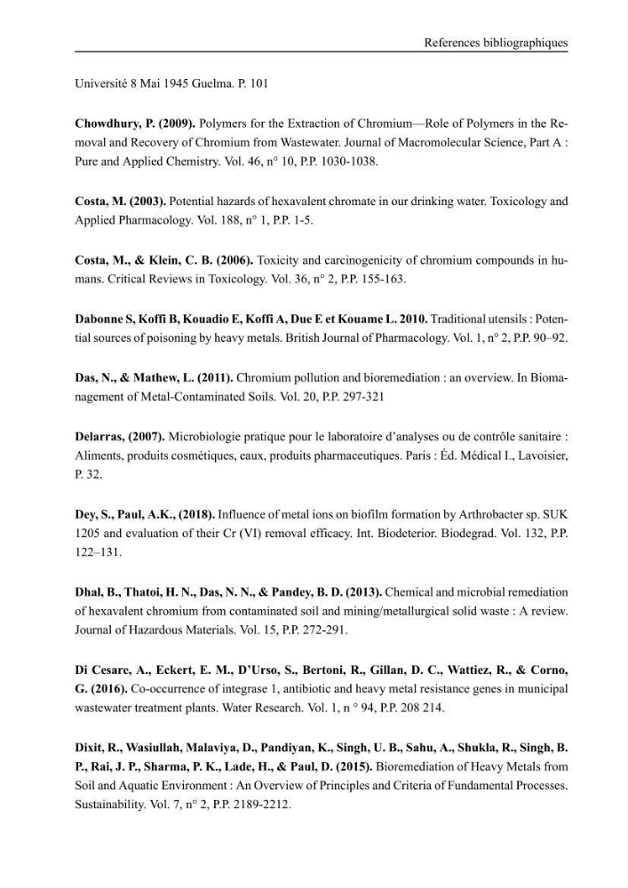 Evaluation de la résistance aux métaux lourds et du potentiel d’élimination du chrome hexavalent chez des bactéries d’origines marines Projet de mise en place d’un procédé de traitement des effluents riches en chrome.