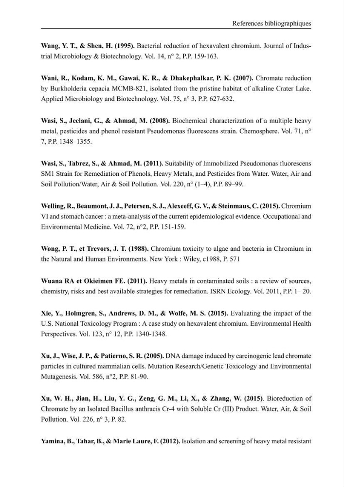 Evaluation de la résistance aux métaux lourds et du potentiel d’élimination du chrome hexavalent chez des bactéries d’origines marines Projet de mise en place d’un procédé de traitement des effluents riches en chrome.