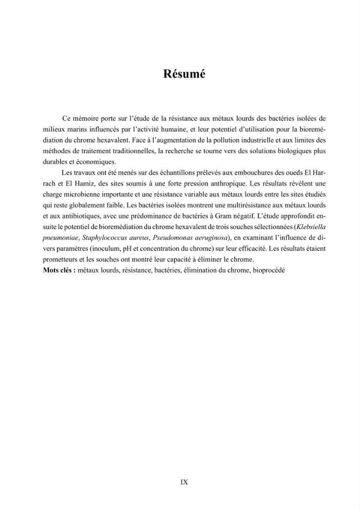 Evaluation de la résistance aux métaux lourds et du potentiel d’élimination du chrome hexavalent chez des bactéries d’origines marines Projet de mise en place d’un procédé de traitement des effluents riches en chrome.