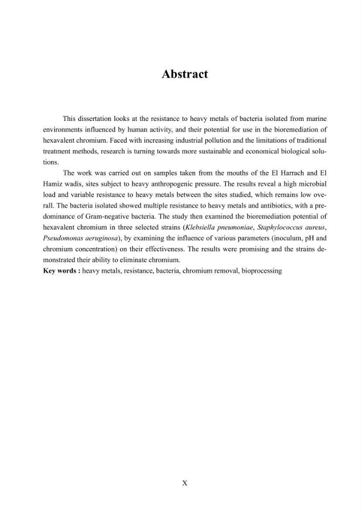 Evaluation de la résistance aux métaux lourds et du potentiel d’élimination du chrome hexavalent chez des bactéries d’origines marines Projet de mise en place d’un procédé de traitement des effluents riches en chrome.