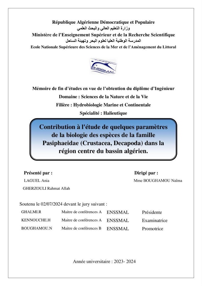 Contribution à l\'étude de quelques paramètres de la biologie des espèces de la famille Pasiphaeidae (Crustacea, Decapoda) dans la région centre du bassin algérien