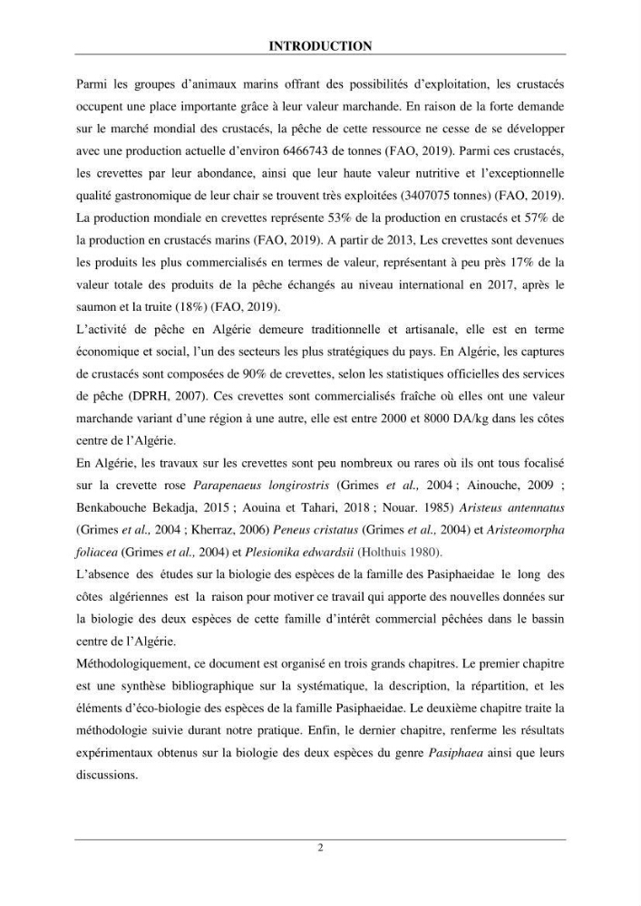 Contribution à l\'étude de quelques paramètres de la biologie des espèces de la famille Pasiphaeidae (Crustacea, Decapoda) dans la région centre du bassin algérien