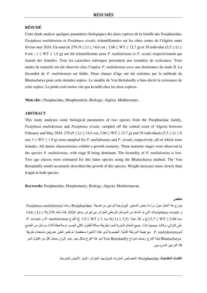 Contribution à l\'étude de quelques paramètres de la biologie des espèces de la famille Pasiphaeidae (Crustacea, Decapoda) dans la région centre du bassin algérien