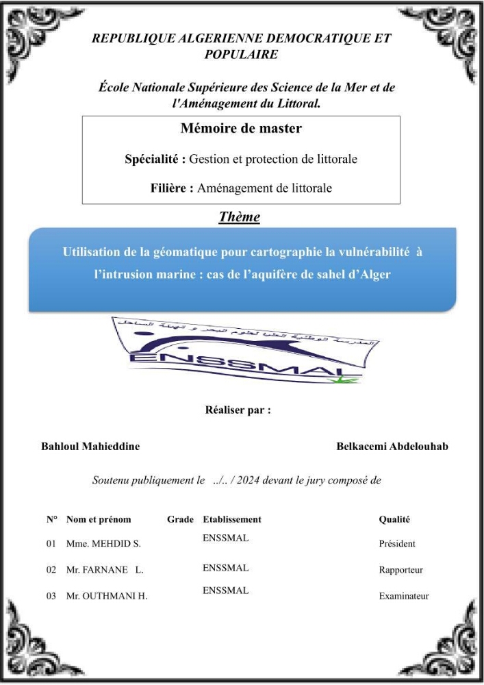 Utilisation de la géomatique pour cartographie la vulnérabilité à l\'intrusion marine: cas de l\'aquifère de sahel d\'Alger