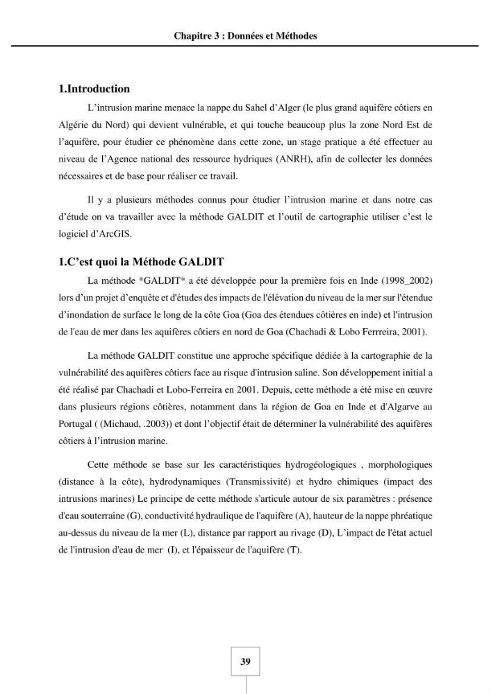 Utilisation de la géomatique pour cartographie la vulnérabilité à l\'intrusion marine: cas de l\'aquifère de sahel d\'Alger