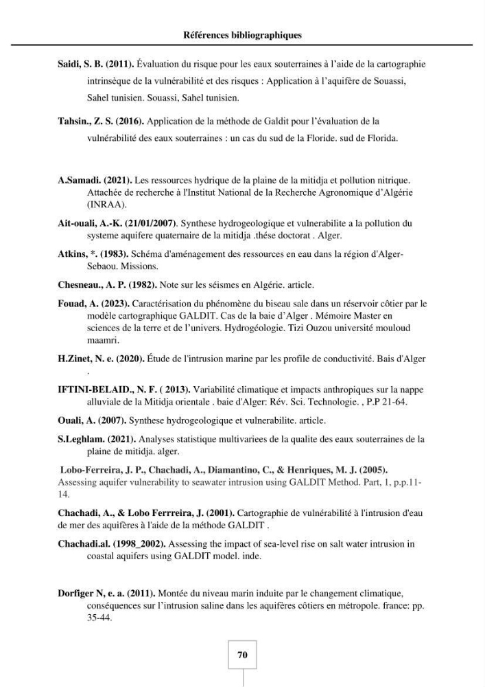 Utilisation de la géomatique pour cartographie la vulnérabilité à l\'intrusion marine: cas de l\'aquifère de sahel d\'Alger