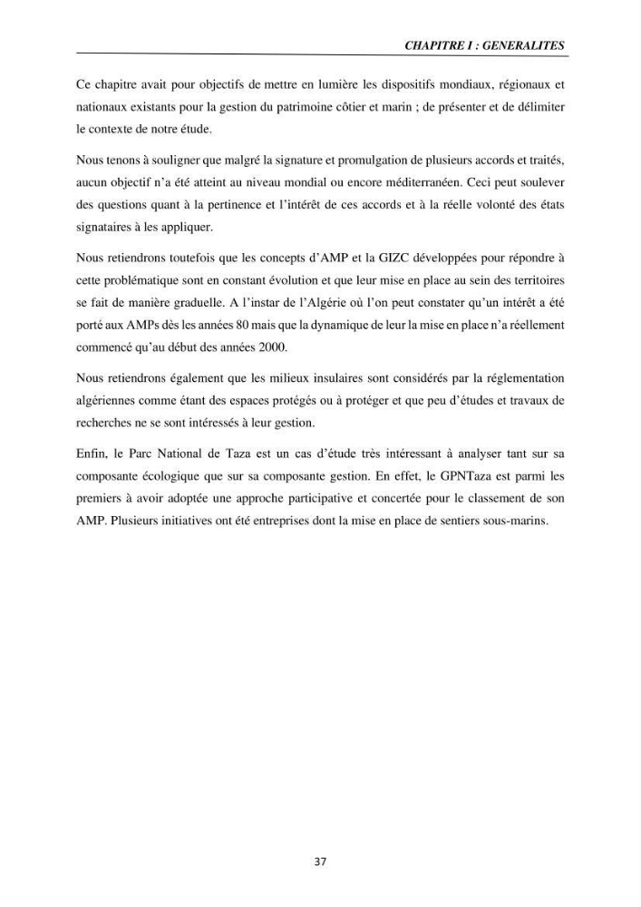 Gestion des aires marines protégées le patrimoine naturel marin côtier du Parc National de Taza dans la Wilaya de Jijel