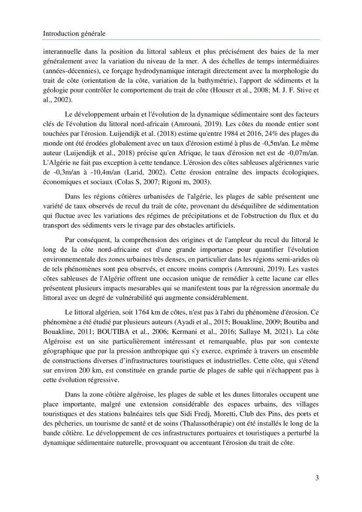 Modelisation de la cinématique du trait de côte,dynamique sédimentaire et évaluation des zones à risque de la côte algéroise