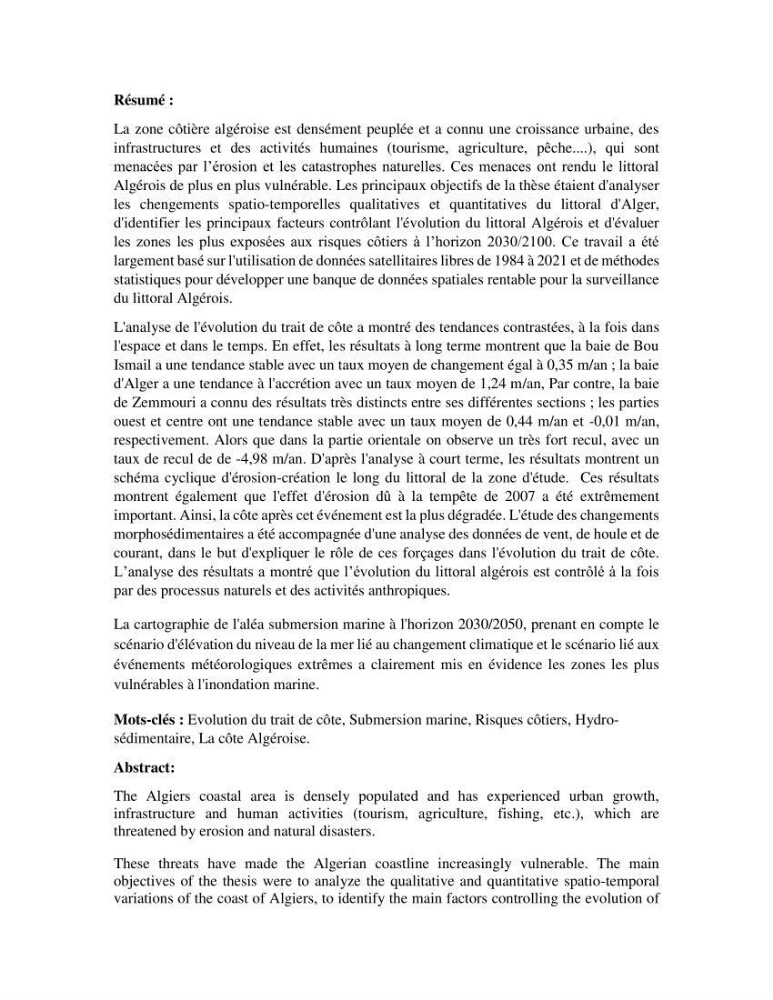 Modelisation de la cinématique du trait de côte,dynamique sédimentaire et évaluation des zones à risque de la côte algéroise