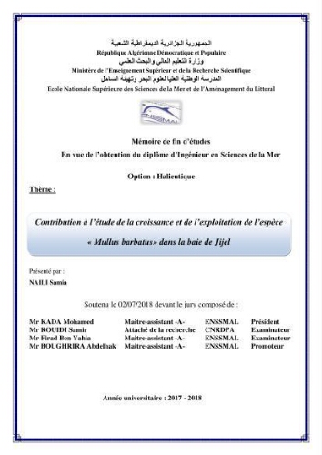 Contribution à l’étude de la croissance et de l’exploitation de l’espèce « Mullus barbatus» dans la baie de Jijel. Contribution à l’étude de la croissance et de l’exploitation de l’espèce « Mullus barbatus» dans la baie de Jijel.