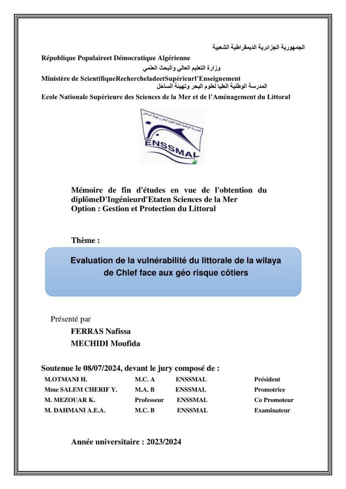 Evaluation de la vulnérabilité du littorale de la wilaya de Chlef face aux géo risque côtier