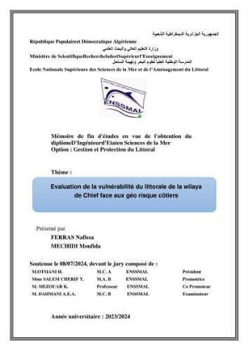 Evaluation de la vulnérabilité du littorale de la wilaya de Chlef face aux géo risque côtier Evaluation de la vulnérabilité du littorale de la wilaya de Chlef face aux géo risque côtier