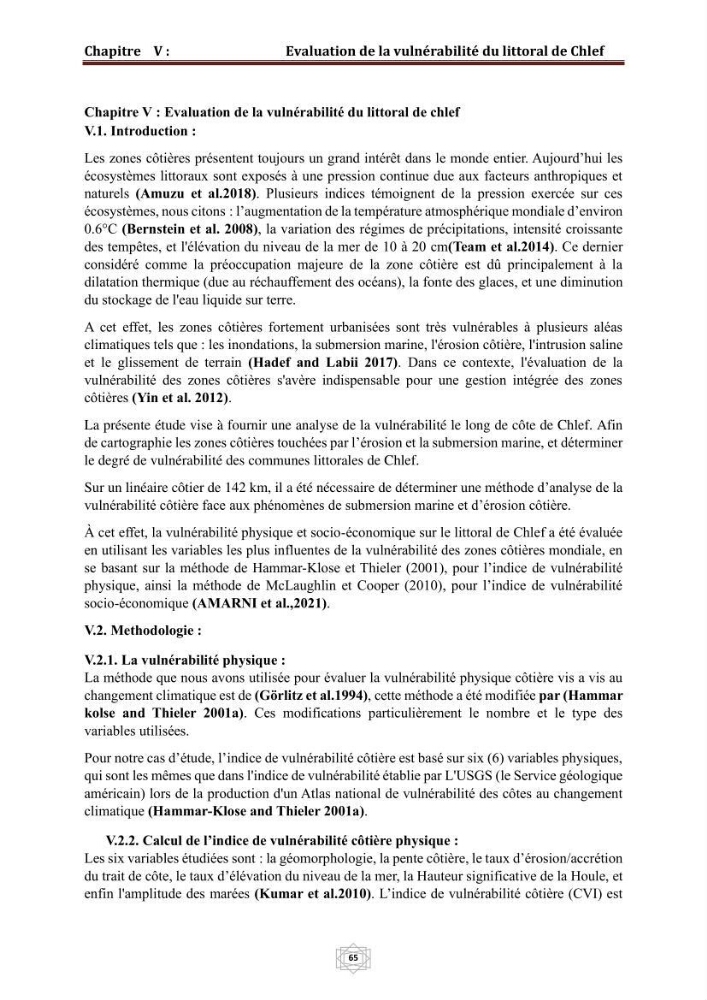 Evaluation de la vulnérabilité du littorale de la wilaya de Chlef face aux géo risque côtier