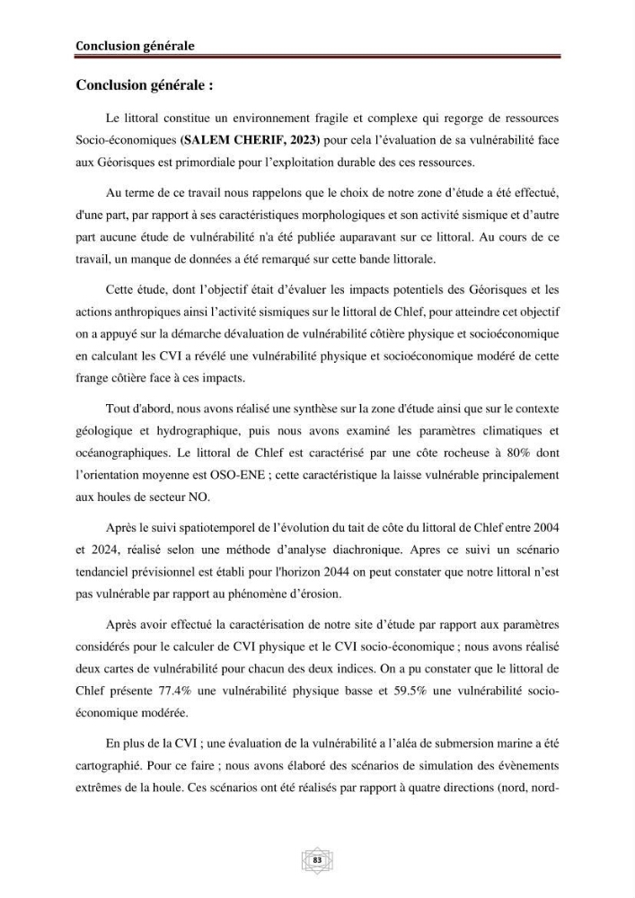 Evaluation de la vulnérabilité du littorale de la wilaya de Chlef face aux géo risque côtier