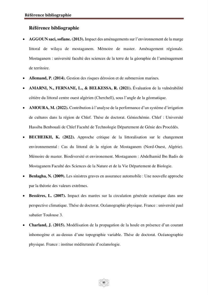 Evaluation de la vulnérabilité du littorale de la wilaya de Chlef face aux géo risque côtier