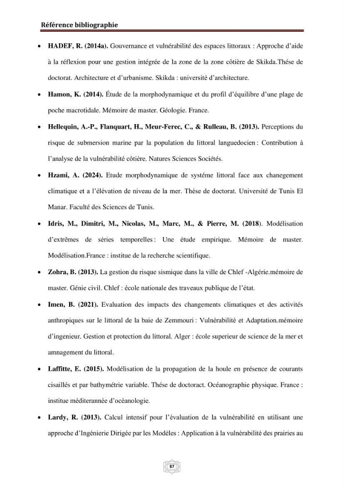 Evaluation de la vulnérabilité du littorale de la wilaya de Chlef face aux géo risque côtier