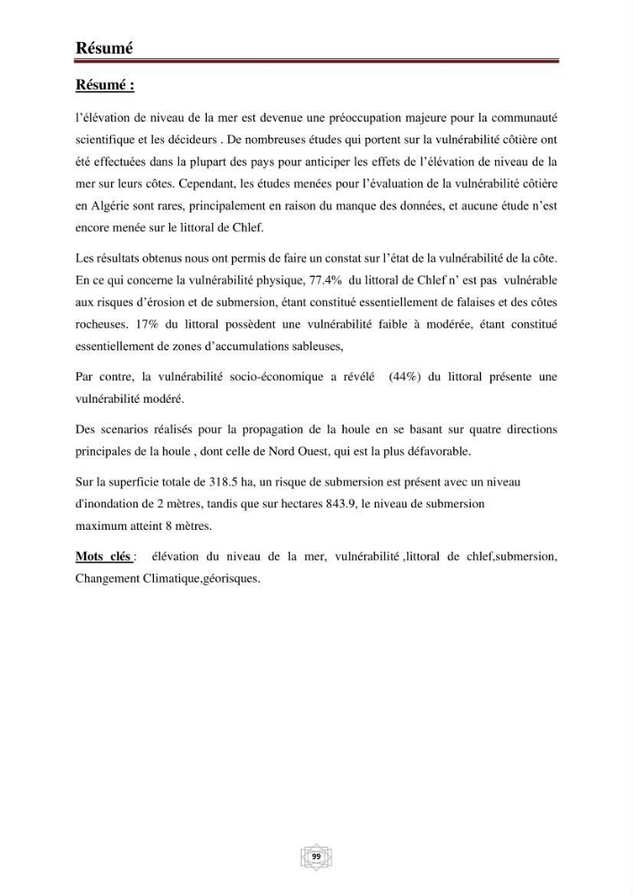 Evaluation de la vulnérabilité du littorale de la wilaya de Chlef face aux géo risque côtier