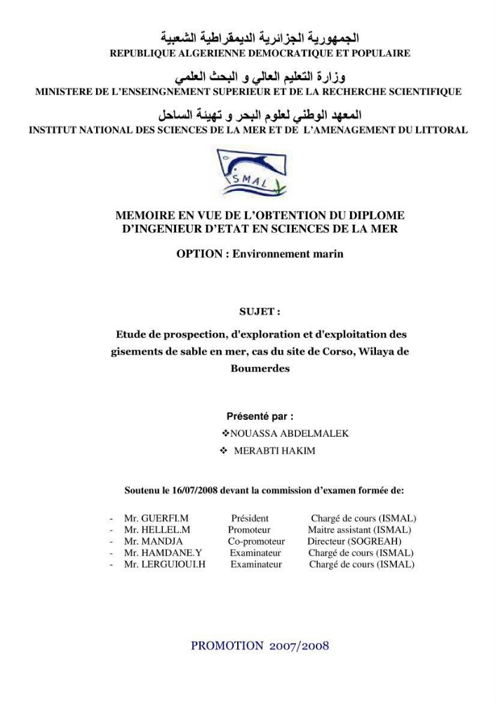 Etude de prospection d\'exploration et d\'exploitation des gisements de sable en mer