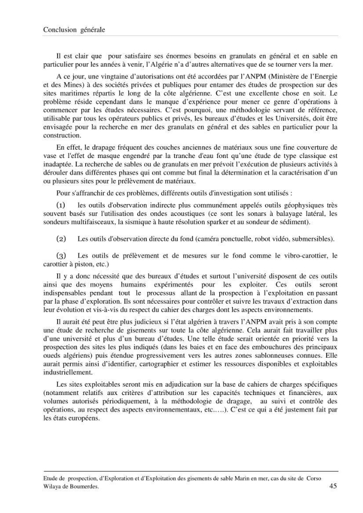 Etude de prospection d\'exploration et d\'exploitation des gisements de sable en mer