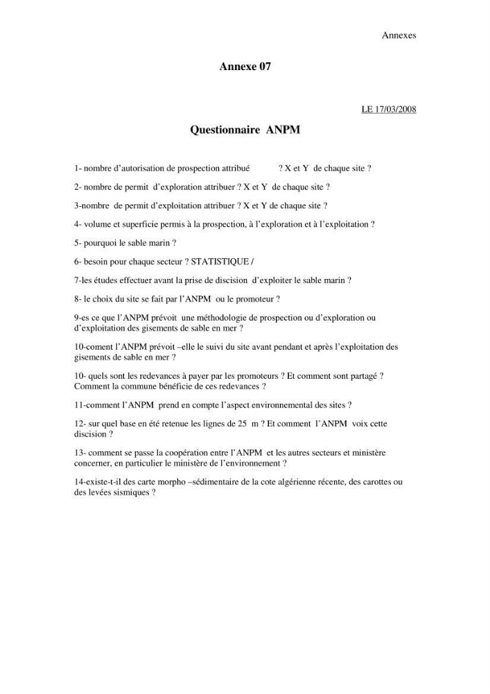 Etude de prospection d\'exploration et d\'exploitation des gisements de sable en mer