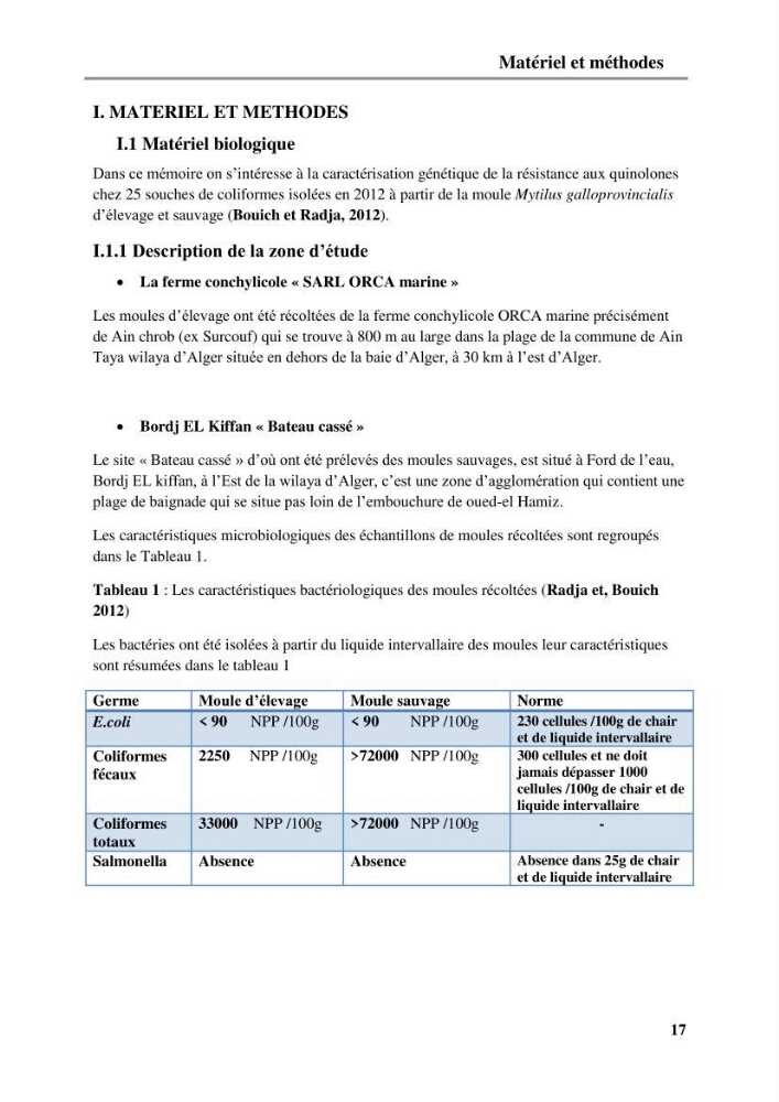 Caractérisation génétique de la résistance aux quinolones chez des coliformes isolés à partir de la moule (Mytilus galloprovincialis)