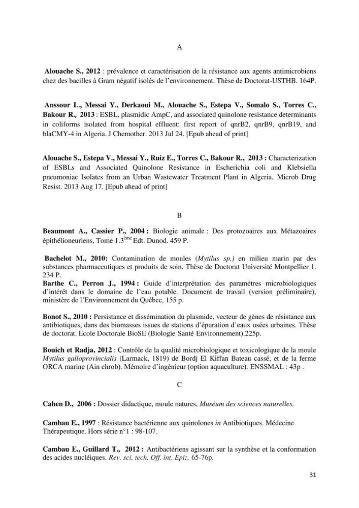 Caractérisation génétique de la résistance aux quinolones chez des coliformes isolés à partir de la moule (Mytilus galloprovincialis)
