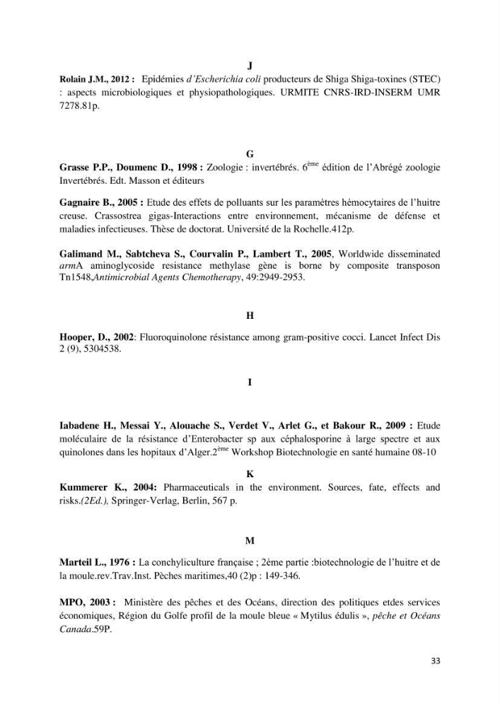Caractérisation génétique de la résistance aux quinolones chez des coliformes isolés à partir de la moule (Mytilus galloprovincialis)