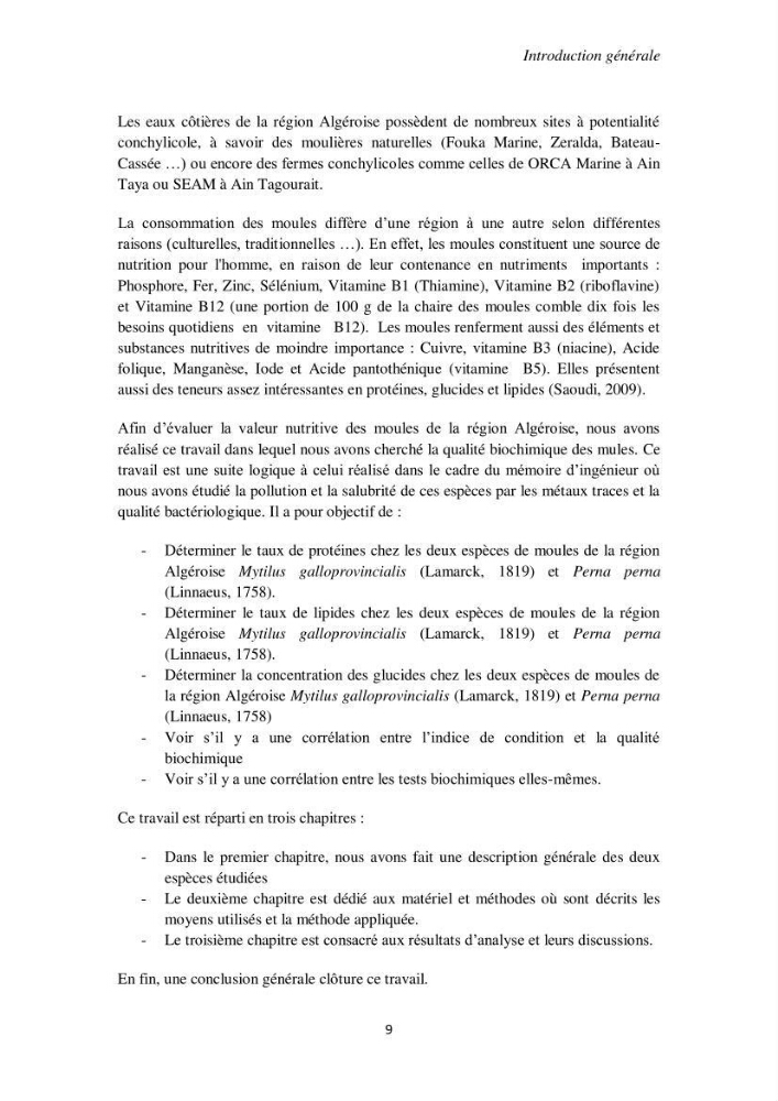 Biochimie des moules de la région Algéroise