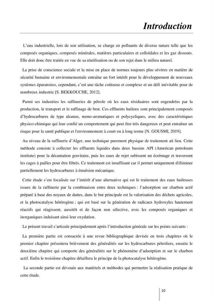 Etude de l’efficacité de la dégradation des hydrocarbures aromatiques par combinaison entre l’adsorption sur charbon actif et la photocatalyse hétérogène dans les eaux huileuses (Raffinerie d’Alger)