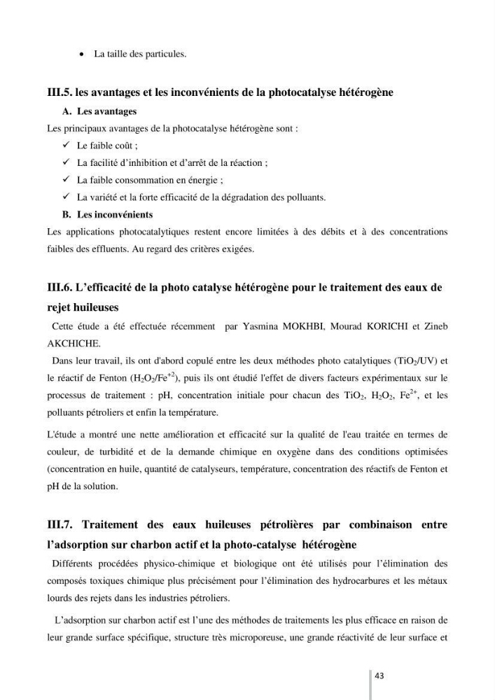 Etude de l’efficacité de la dégradation des hydrocarbures aromatiques par combinaison entre l’adsorption sur charbon actif et la photocatalyse hétérogène dans les eaux huileuses (Raffinerie d’Alger)