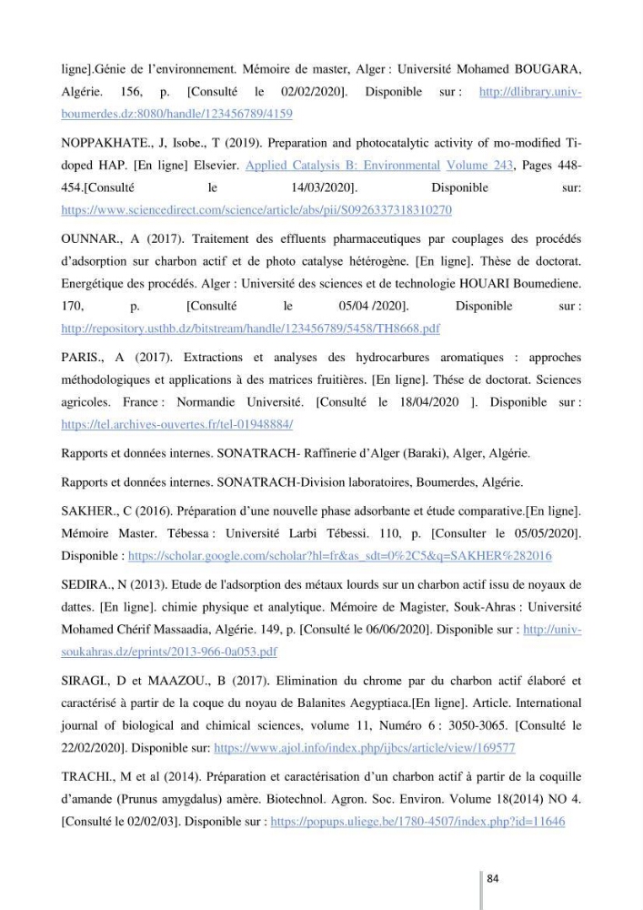 Etude de l’efficacité de la dégradation des hydrocarbures aromatiques par combinaison entre l’adsorption sur charbon actif et la photocatalyse hétérogène dans les eaux huileuses (Raffinerie d’Alger)